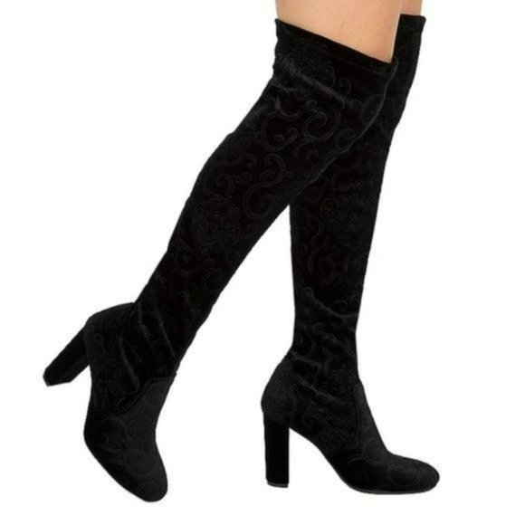 Black embroidered over the knee boots chunky block heel velvet - Picture 2 of 8